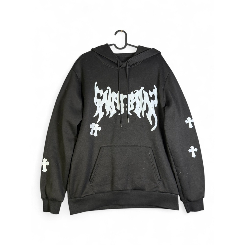 Black Gothic Graphic Hoodie Cross Print Streetwear Pullover Mens Medium